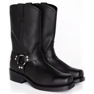 Classic black leather biker harness boots with metal O-ring and square toe design