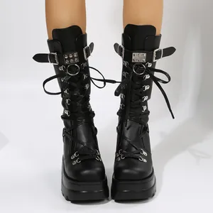 Women Mid-Calf Knight Boots PU Leather Punk Gothic Wedge Thick Sole Rivet Belt Buckle Platform Fashion Boots For Women