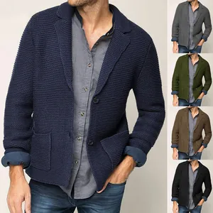 Chaqueta de Punto con Solapa para Hombre Cárdigan de Acrílico de Punto Grueso Casual de Negocios Color Sólido Manga Larga