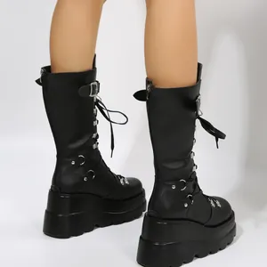 Women's gothic punk platform mid-calf boots with wedge sole and buckle details