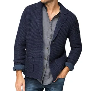 Cárdigan de punto para hombre estilo blazer azul marino con cuello de solapa y textura