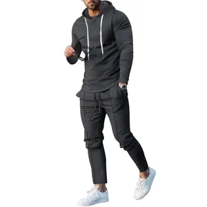 Donkergrijs heren trainingspak met capuchon slim-fit tweedelig sportief model set