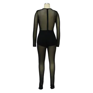 Vue détaillée du dos d'une combinaison sexy en mesh noir transparent à manches longues