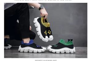Detail view of men's breathable fly-knit sock sneakers with thick soles in various colorways