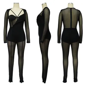 Vue détaillée professionnelle d'une combinaison sexy en maille noire à manches longues 3 côtés
