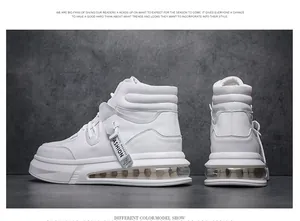 Detailed side view of white high-top sneakers with transparent air cushion sole