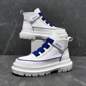 Trendy men's white high-top sneakers featuring blue strap buckles and chunky lug soles.