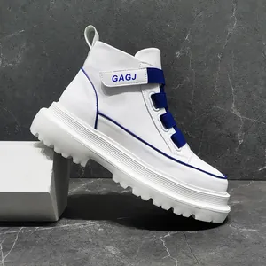 Detailed side view of white high-top men's sneakers with stylish blue accent straps.