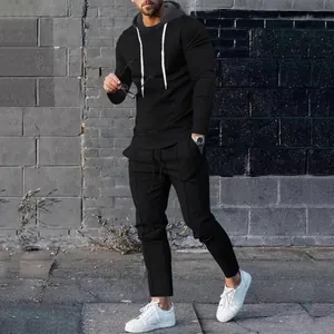Men's trendy black casual sports set featuring a hoodie and slim fit jogger pants