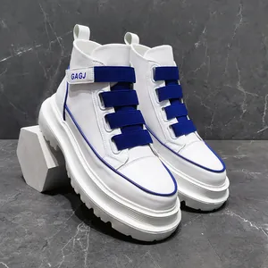 High-top white men's sneakers with stylish blue elastic straps and thick soles