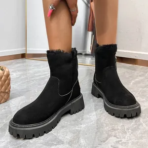 Detail shot of black women's snow boots featuring faux fur lining and thick lug soles