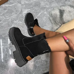 Detailed macro view of black winter snow boots with warm fur lining and platform soles