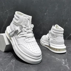 White mid-top men's sneakers with side fashion tag and visible transparent air cushion.