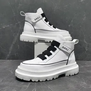 Modern men's white high-top sneakers with black buckle straps and durable thick soles