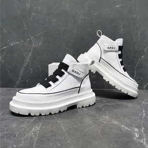 Side view detail of white high-top sneakers with black buckle straps and thick soles