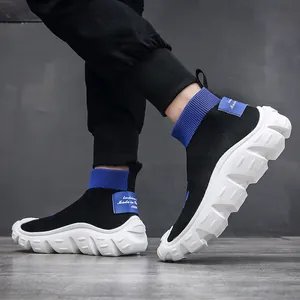 Breathable men's fly-knit sock sneakers with comfortable chunky white cushioned sole