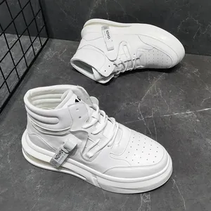 Close-up detail of stylish white mid-top sneakers on a dark marble background texture