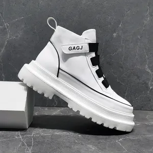 Side view of men's white high-top fashion sneakers with black strap detail