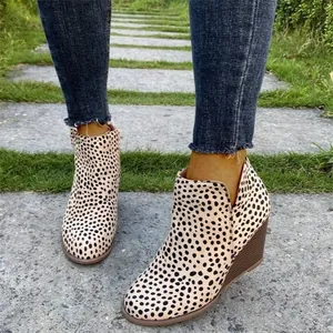 Botines de cuña con estampado de leopardo para mujer, botines elegantes de otoño