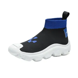 Men's breathable flyknit sock sneakers with comfortable thick white sole in black and blue