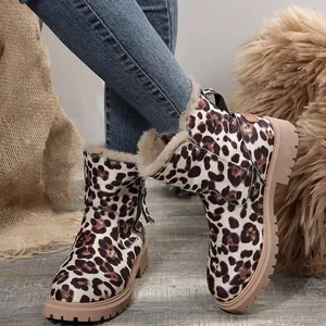 Detail view of stylish leopard print snow boots with warm faux fur lining on legs