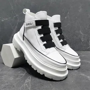 Men's fashionable white high-top sneakers with platform sole and black strap details