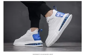 Stylish white high-top casual sneakers for men featuring transparent blue air cushions
