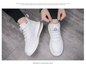 Close-up of stylish white high-top casual sneakers for men with comfortable air cushion sole