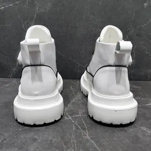 Detailed back view of men's white high-top platform sneakers featuring black piping accents.