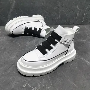 Stylish men's high-top white sneakers with black elastic straps and thick sole