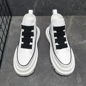 Fashionable men's white high-top sneakers with thick soles and stylish black buckles.
