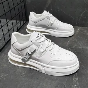 Stylish white mid-top men's casual sneakers with breathable holes and air cushion sole