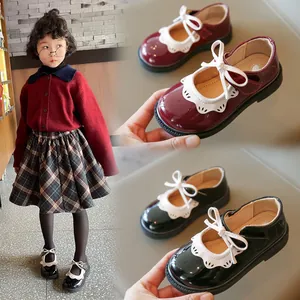 Zapatos Mary Jane de Princesa para Niña Lazo Dulce Borde Festoneado Charol Zapatos de Baile Planos para Niñas Negro Rojo