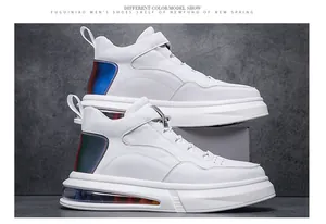 White high-top men's sneakers with visible air cushion and iridescent heel detail