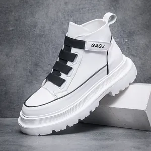 Fashion Men's High-Top White Board Shoes Chunky Sole Sneakers Side Buckle Contrast Color Casual Sports Trendy Men's Boots
