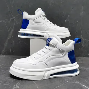 Side view of stylish white high-top sneakers with blue accents and air cushioned sole.