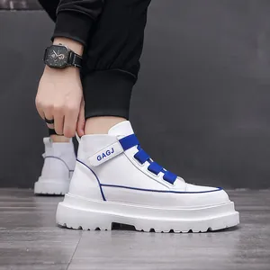 Fashionable men's high-top white sneakers with blue strap accents and thick sole