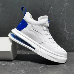 Side view of white high-top mens sneaker with metallic blue air cushion sole detail