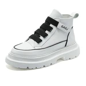 Fashionable men's high-top white sneakers with black elastic straps and chunky sole