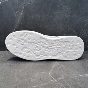 Close-up macro view of the white anti-slip patterned outsole for fashionable men's sneakers