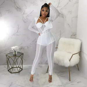 Combinaison sexy en maille blanche transparente avec col en V et coupe ajustée