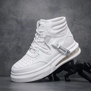 Men's Mid-Top Casual Shoes Microfiber Leather Fashion White Sneakers Wear-Resistant Air Cushion Platform Skate Shoes For Daily Outing