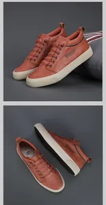 Dettaglio scarpe casual alte da uomo in pelle marrone con suole spesse color crema