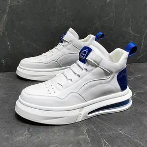 Detailed side view of men's stylish white high-top sneakers with blue air cushion