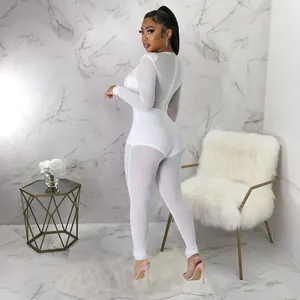 Vue arrière d'une combinaison moulante sexy en résille blanche pour femme à manches longues