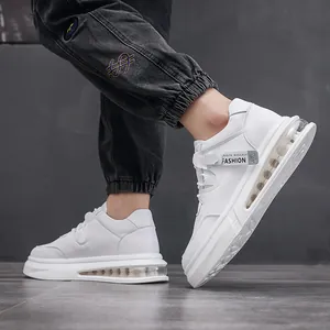 Trendy white mid-top men's casual sneakers featuring a clear air cushion sole design