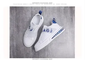 Detailed view of white slip-on sneakers featuring blue elastic band and air cushion sole
