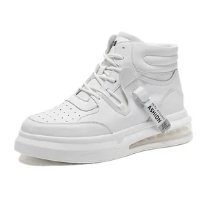 Stylish white high-top men's sneakers with chunky sole and decorative strap detail