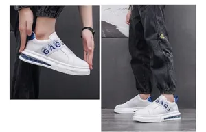 Side profile and full-length view of white men's slip-on sneakers with blue air cushion.
