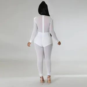 Vue détaillée de l'arrière d'une combinaison sexy en résille blanche à manches